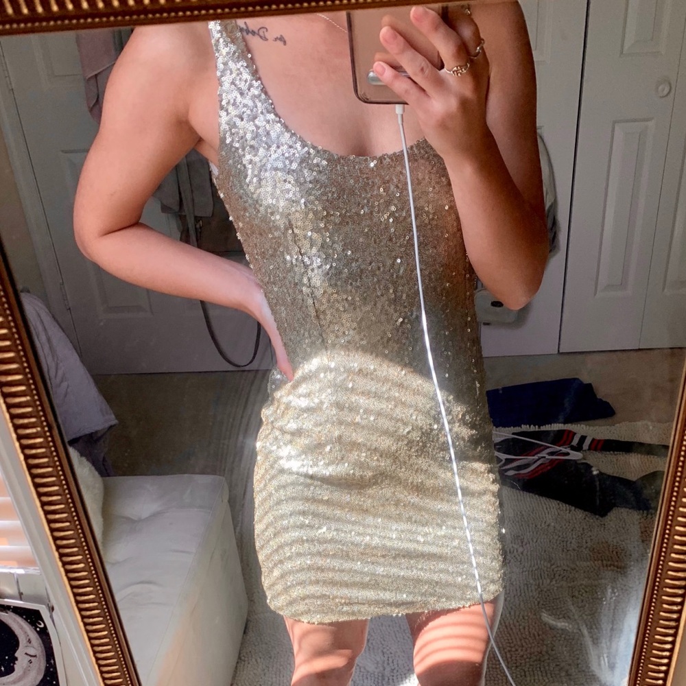 TOBI GOLD SEQUINED DRESS, WORN ONCE.